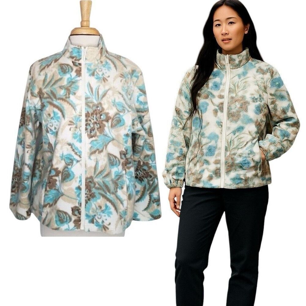 Alfred Dunner Size L Full Zip Fleece Jacket Cream Blue Brown Floral Comfy Layer